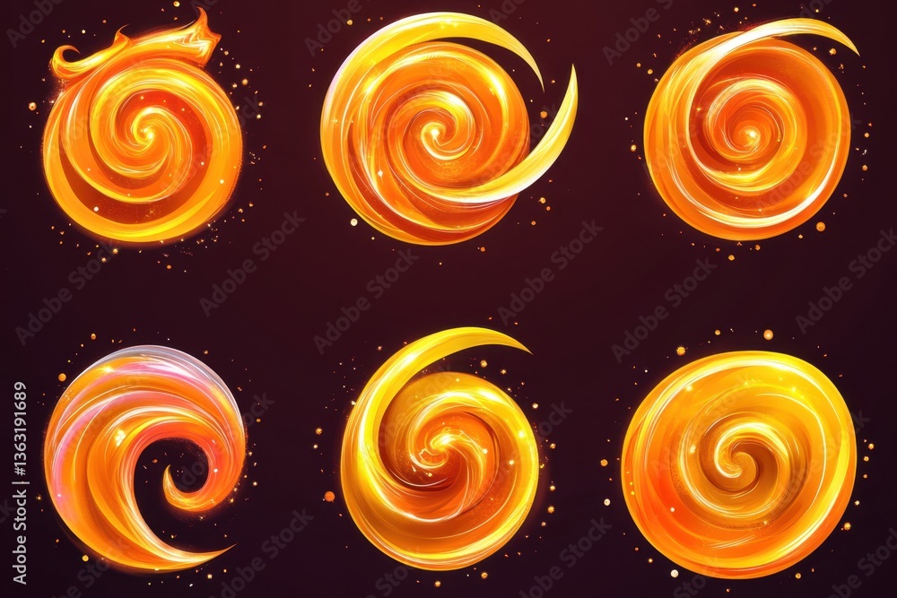 Poster collection of swirling golden orbs on dark background abstract art with luminous glow and dynamic mo