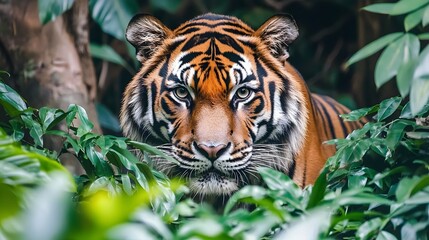 Obraz premium Majestic Tiger Staring Intently Through Lush Greenery in a Dense Jungle Environment