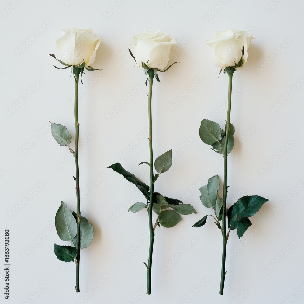 Poster three elegant white roses on a pristine white background creating a serene and minimalist floral com