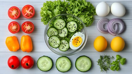 Colorful Array of Fresh Vegetables and Eggs on Wooden Table for Healthy Meal Preparation