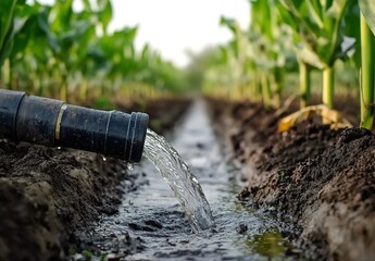 Irrigation system in agriculture, water flowing from a pipe into the soil, green crops in the background, bright lighting