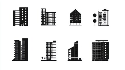 Fototapeta premium Buildings silhouettes in grayscale set against white background for urban designs