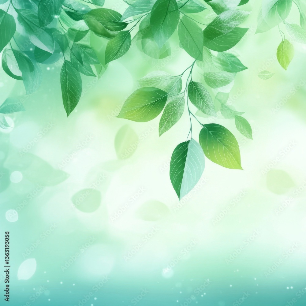 Poster serene greenery: soft light illuminates lush leaves in a tranquil, dreamy composition with ethereal 