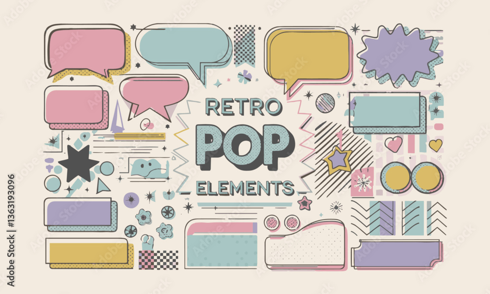 Poster a collection of retro pop-style design elements including speech bubbles, easily editable.