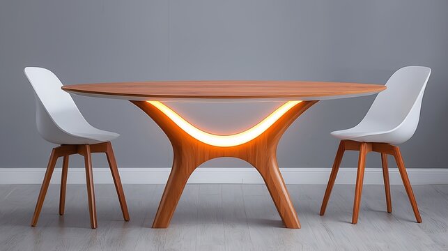 Modern Wooden Dining Table with LED Lighting and Minimalist Chairs in Contemporary Interior