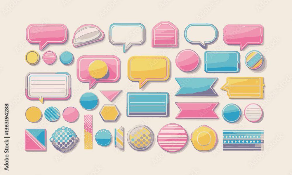 Poster a collection of retro pop-style design elements including speech bubbles, easily editable.