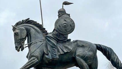 Bishkek, Kyrgyzstan - Mar 25, 2025: Beautiful sculpture of kyrgyz national hero Jamankara Baatyr on...