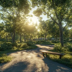 Fototapeta premium Sun-Dappled Path: A Serene Forest Scene with a Bench Beckoning for a Peaceful Moment of Reflection and Nature's Embrace