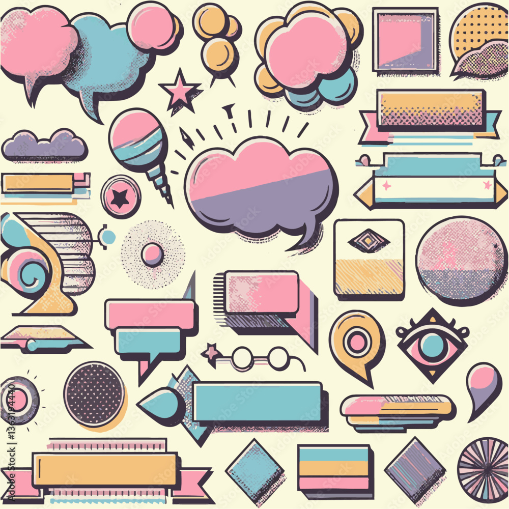 Poster a collection of retro pop-style design elements including speech bubbles, easily editable.