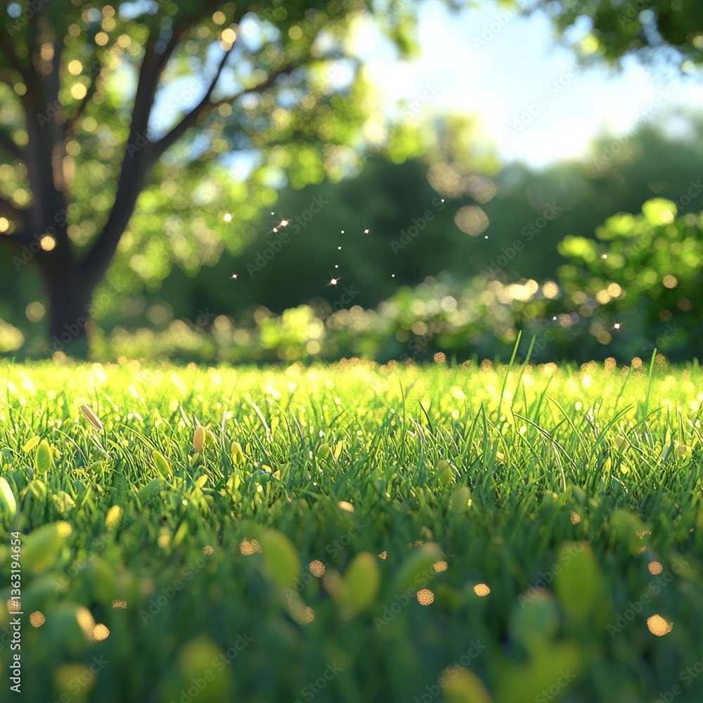 Poster sun-drenched meadow: a vibrant green scene with bokeh lights and a tranquil, dreamy atmosphere in th