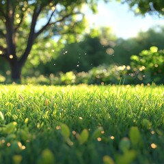 Fototapeta premium Sun-Drenched Meadow: A Vibrant Green Scene with Bokeh Lights and a Tranquil, Dreamy Atmosphere in the Forest.