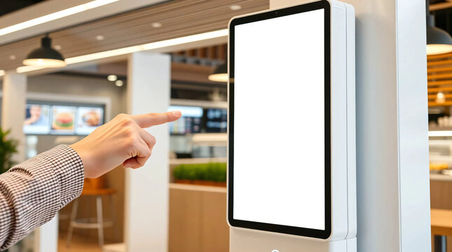 Hand pointing to blank white touch screen for food ordering or restaurant menu promotion, information advertising design
