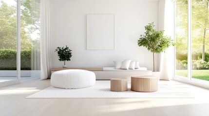 Modern minimalist living room with large windows, showcasing a serene and bright interior design