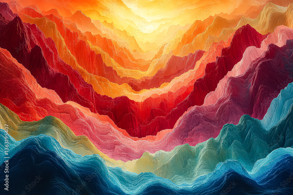 Poster colorful mountain range with a bright sun in the sky. the mountains are made of different colored bl
