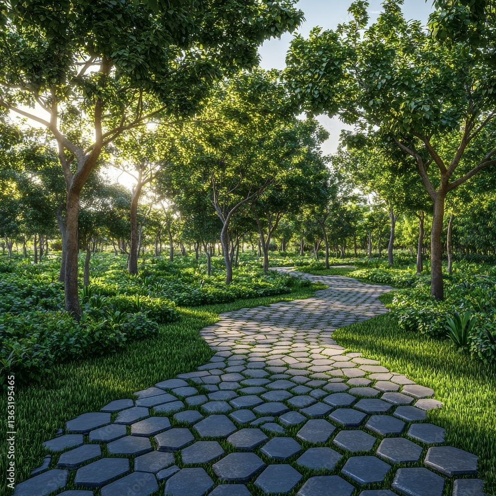 Poster tranquil path: a winding stone pathway invites exploration through a lush green forest, sunlight fil
