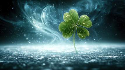 Mystical Four Leaf Clover in Blue Smoke and Sparkling Dust