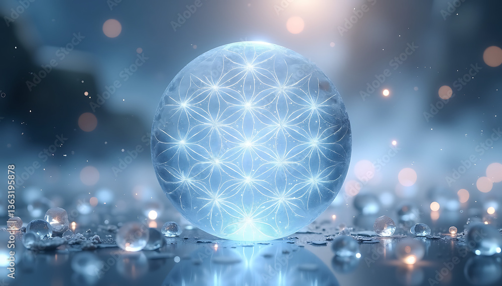 Poster crystal sphere with intricate pattern against misty background
