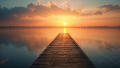 Fototapeta premium Serene wooden pier over calm water reflecting a vibrant sunrise with soft clouds