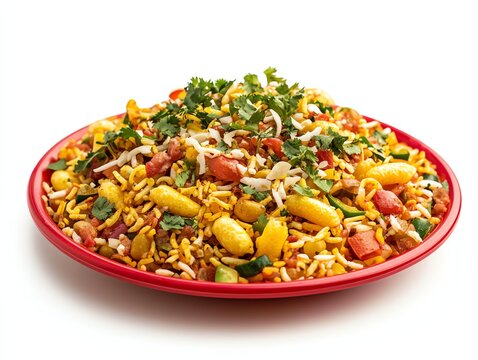 Serving Bhel Puri on Red Plate Garnished with Cilantro and Vegetables