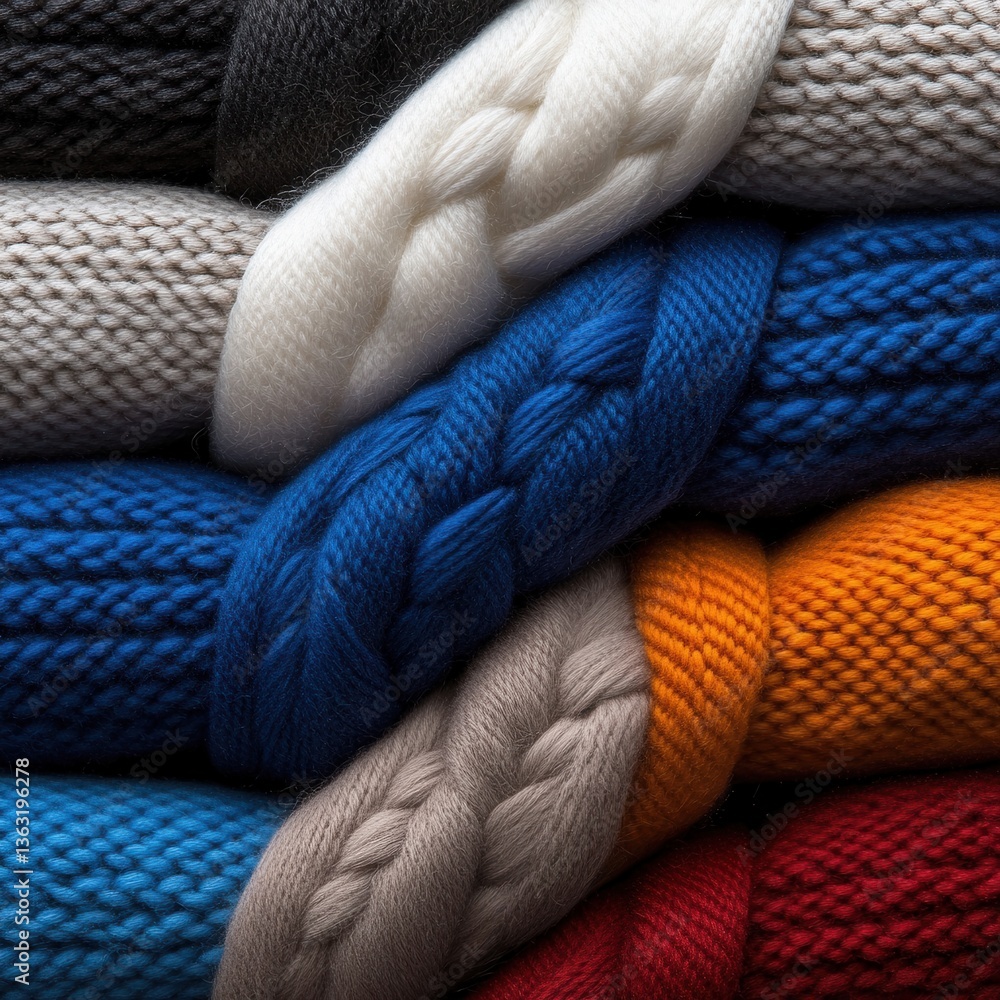 Poster a row of knitted sweaters in various colors and textures