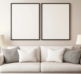 Two blank frames above beige sofa with pillows.