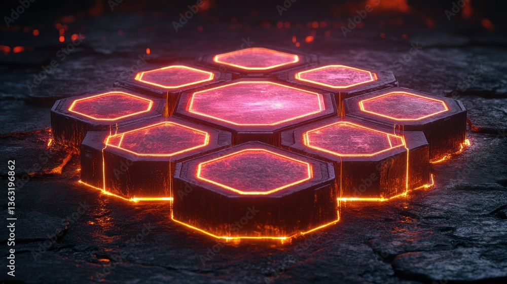 Poster glowing hexagonal structures on dark volcanic surface
