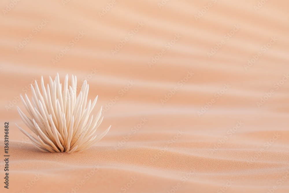 Poster close-up of hardy desert plant with intricate textures and patterns against empty sand background