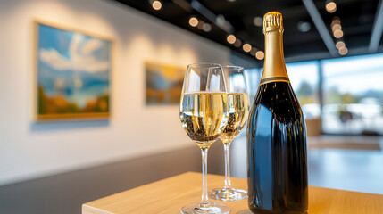 Wine tasting event sommelier luxury Elegant champagne setup in an art gallery setting.