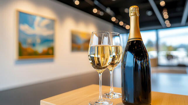 Wine tasting event sommelier luxury Elegant champagne setup in an art gallery setting.