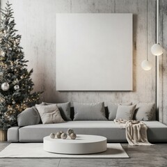 Modern Christmas living room with grey sofa, Christmas tree, and large blank canvas.