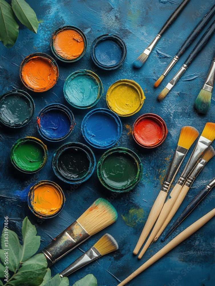 Poster artistic palette of vibrant colors and brushes on a textured blue canvas creating a creative and ins