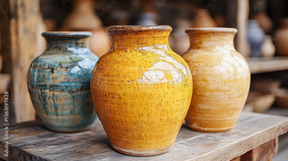 Poster three vases of different colors and sizes are displayed on a wooden table. the vases are made of cla