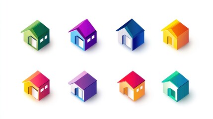 Colorful isometric house icons; real estate website