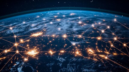 Obraz premium Glowing financial network connecting different cities, global economy and business growth generative ai