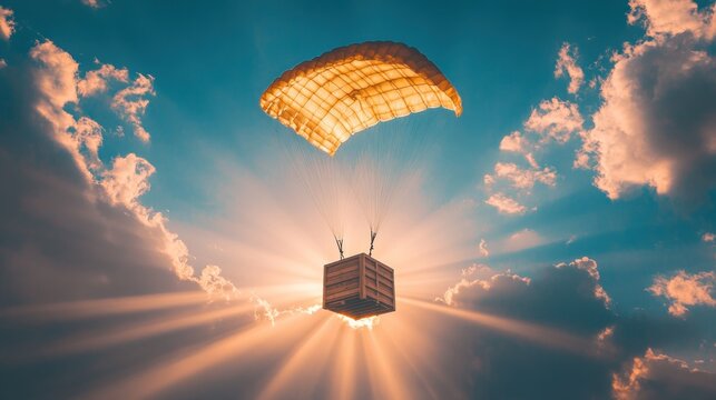 Golden parachute delivery box in the sky, bright sun rays, dramatic clouds