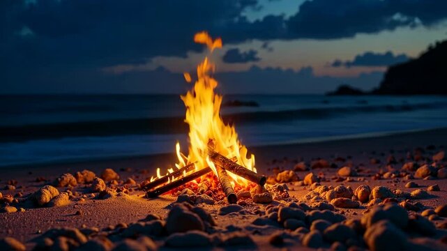 burning fire at night on sandy beach