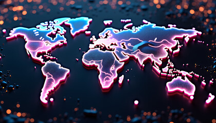 Neon world map illustration on dark background
