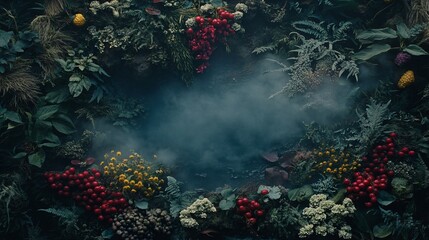 Obraz premium Verdant foliage encircles a misty pool, evoking nature's mystique