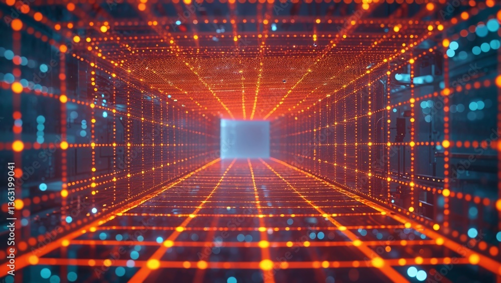 Poster Digital tunnel visualization with glowing grid pattern in vibrant colors and a perspective view into an abstract space