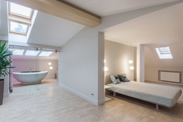 The interior of a bright attic in a private house. A small bedroom. Stylish bathtub behind a glass partition.