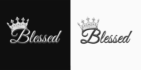 Horizontal black and white label with crown, text Blessed, scattered beads, particles, dust. Detailed composition in vintage style.