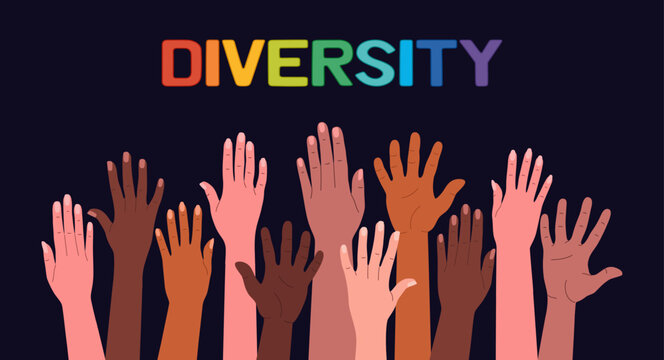 Group of multiracial hands raised up. Cultural diversity, racial equality. Multicultural society. Hand drawn vector vector illustration isolated on black background. Modern flat cartoon style.