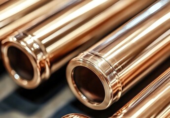 Naklejka premium Close-up of copper pipes with smooth reflective surfaces, metallic texture, neatly arranged in uniform rows, background of similar pipes, bright lighting emphasizing quality.