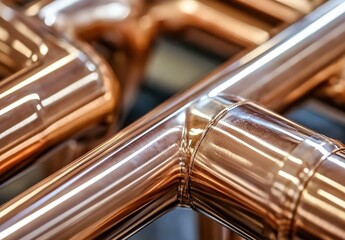 Naklejka premium Close-up of copper pipes with smooth reflective surfaces, metallic texture, neatly arranged in uniform rows, background of similar pipes, bright lighting emphasizing quality.