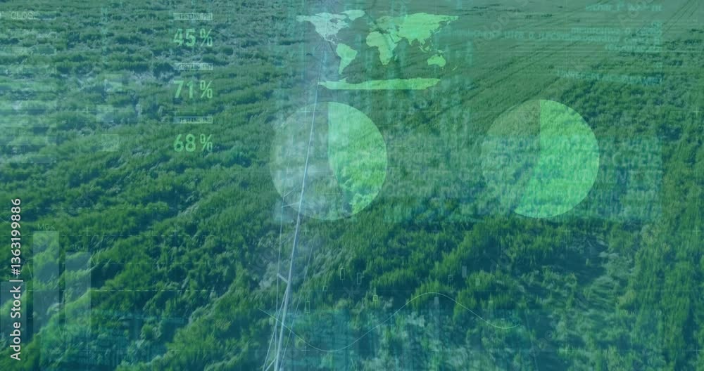 Poster green data visualization animation over aerial view of agricultural fields