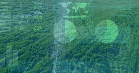 Green data visualization animation over aerial view of agricultural fields - Powered by Adobe