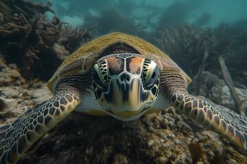 Fototapeta premium sea turtle close-up macro underwater marine life in the ocean, showcasing intricate shell texture and natural beauty of exotic reptile