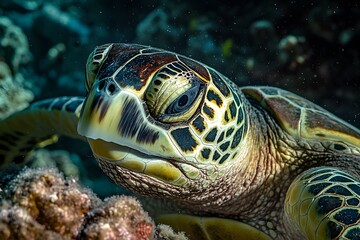 Fototapeta premium sea turtle close-up macro underwater marine life in the ocean, showcasing intricate shell texture and natural beauty of exotic reptile