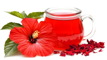Refreshing Hibiscus Tea in a Glass Cup with Bright Red Flower and Green Leaves on White Background