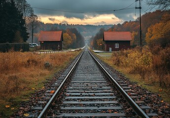 Empty Train Tracks in Germany with Electric Power Lines and Overcast Sky
